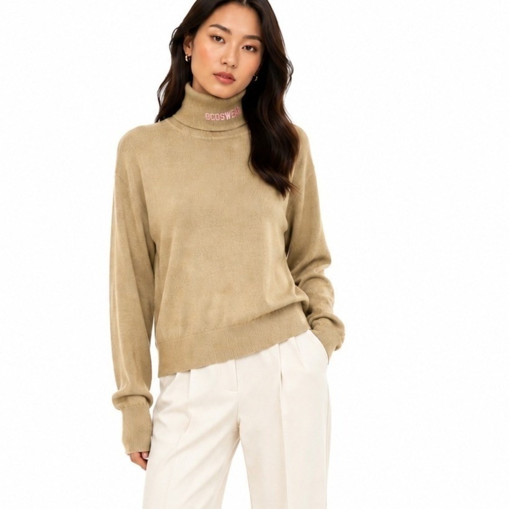 GCDS | Turtleneck Sweater Camel Tan Pink Logo Wool Blend Made in Italy | Medium